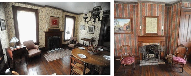 first 2 photos of inside jones house, side by side